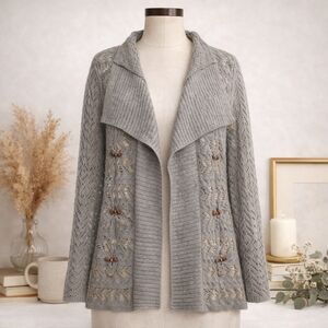 Coldwater Creek Open Waterfall Cardigan – Wool Blend – Beaded & Metallic Accents